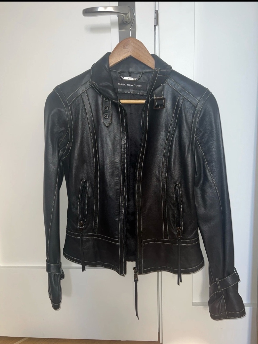 Marc New York Black Leather Moto Jacket with Contrast Stitching